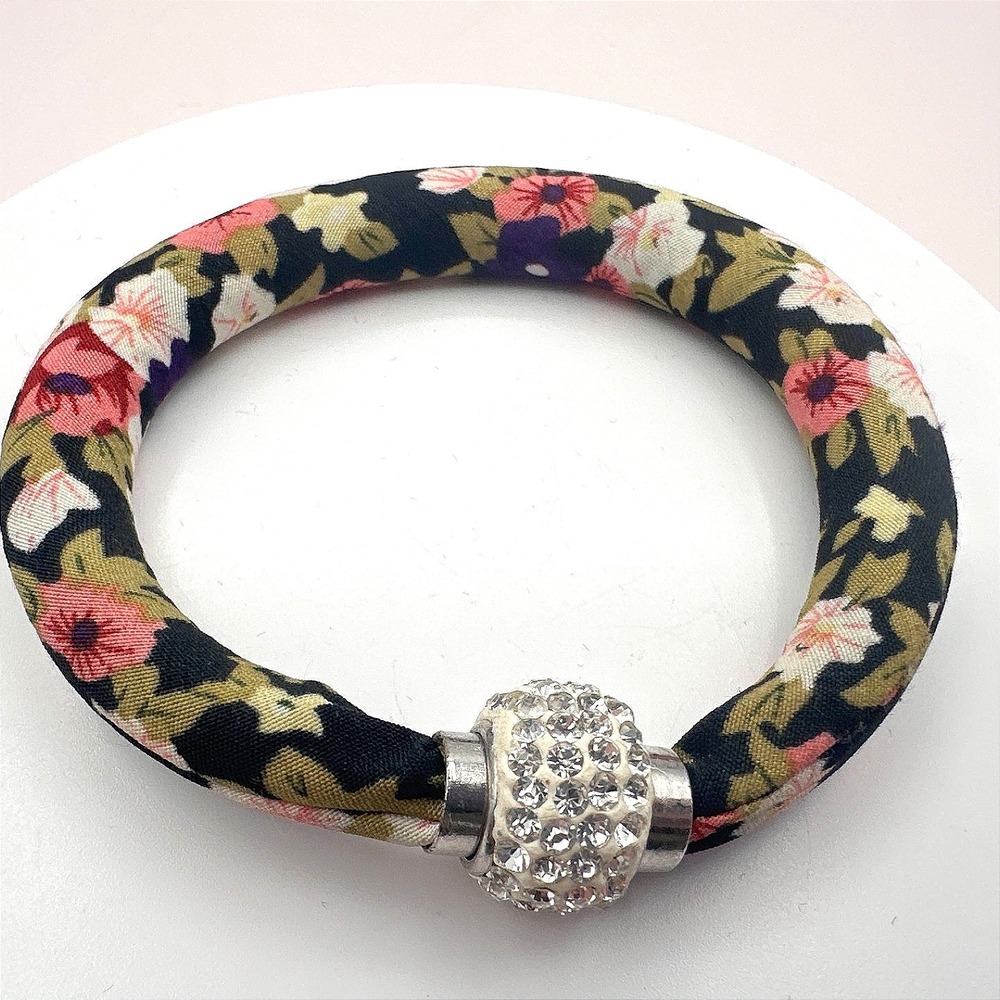 Vintage 90s Floral Fabric Bangle Bracelet Glass Rhinestone Charm Classic Jewelry